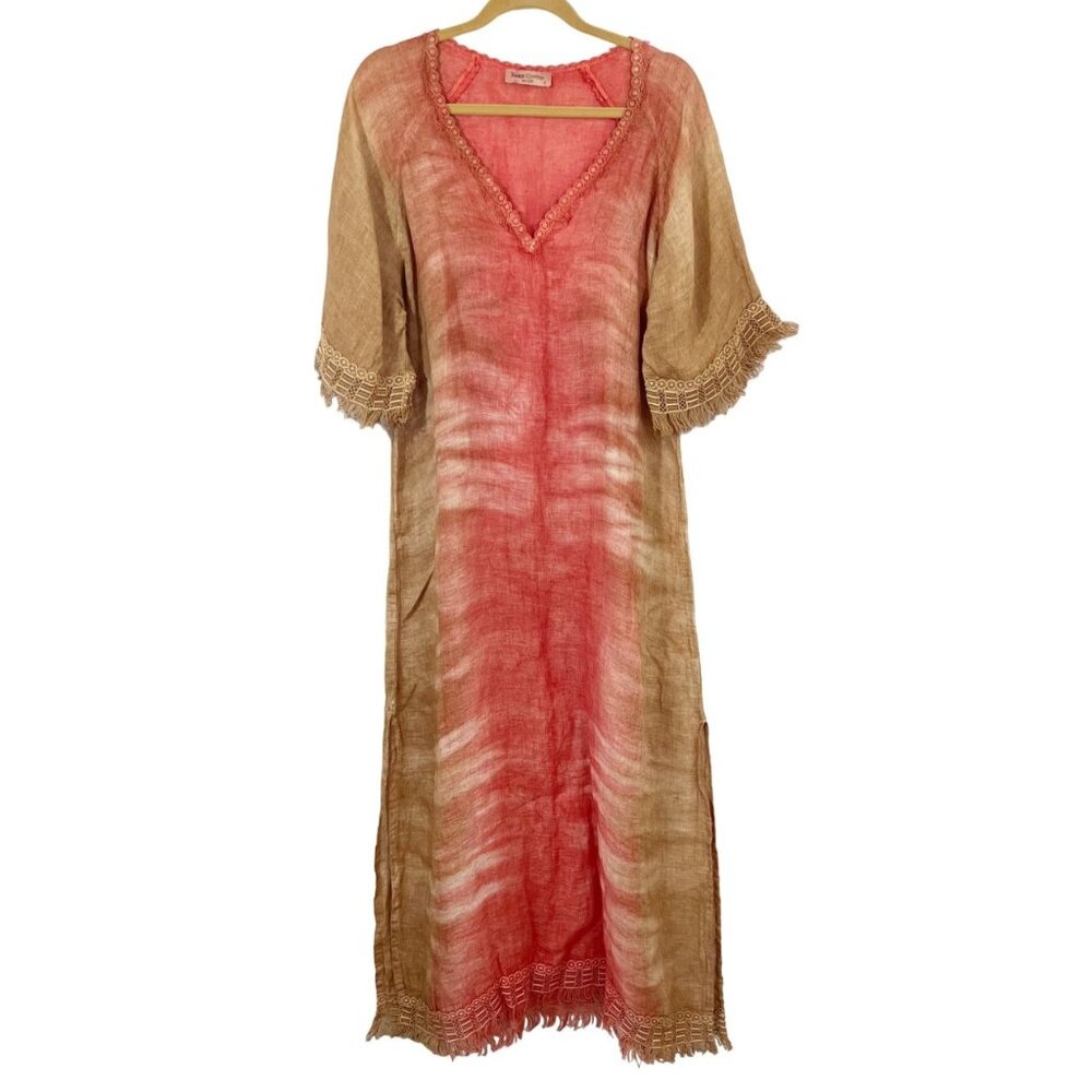 Boho Tie-Dye Maxi Dress with Fringe Trim - Coral and Tan